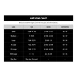 Hat sizing chart with measurements in inches and centimeters