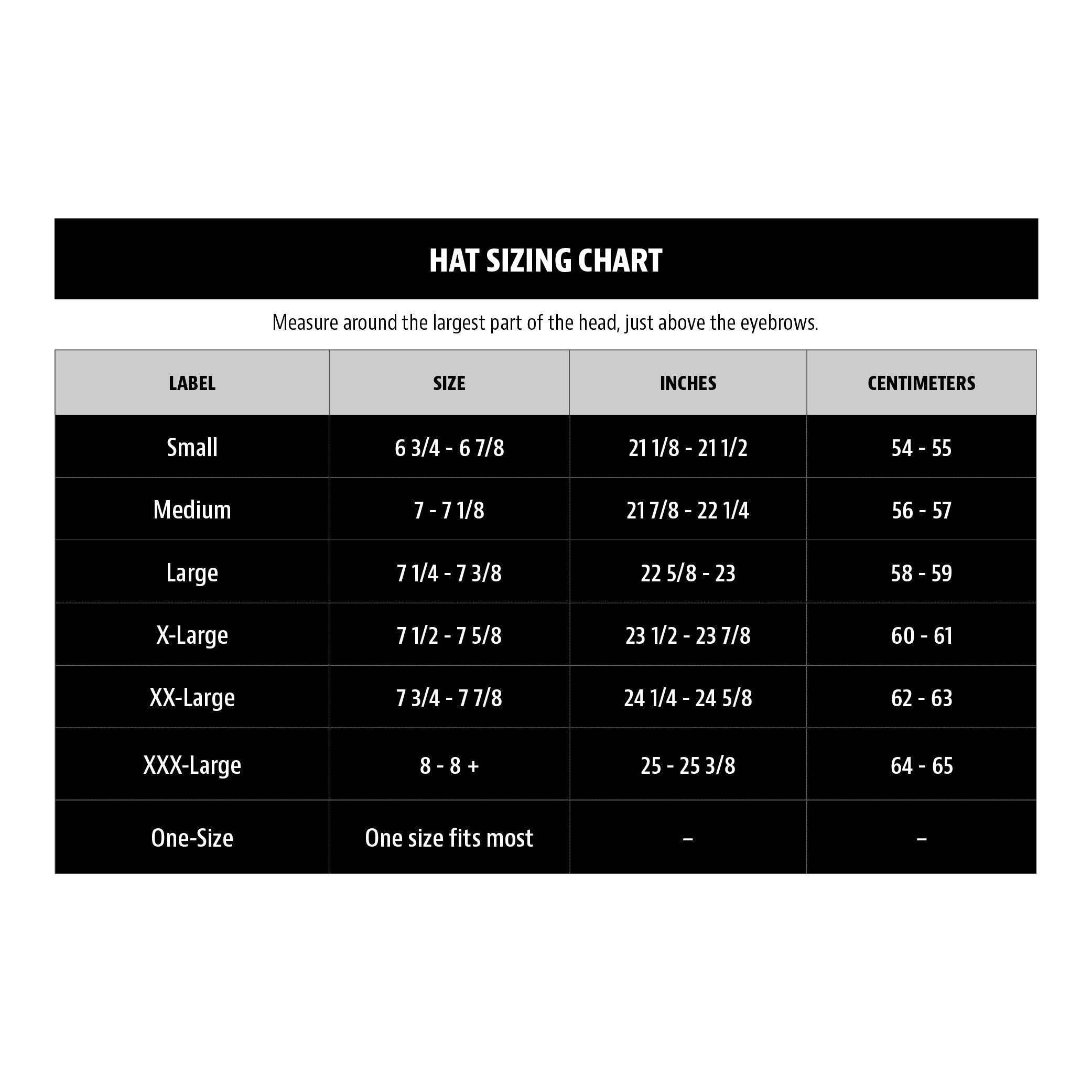 Hat sizing chart with measurements in inches and centimeters