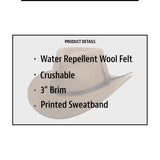 Fedora hat with product details on a white background