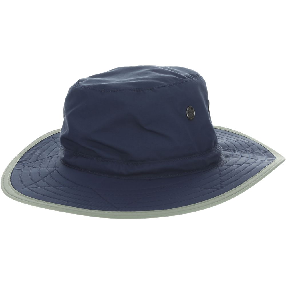 Navy blue boonie hat with grayish green colored trim with black drawstrings and breathable metal holes towards the crown