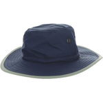 Navy blue boonie hat with grayish green colored trim with black drawstrings and breathable metal holes towards the crown