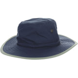 Navy blue boonie hat with grayish green colored trim with black drawstrings and breathable metal holes towards the crown