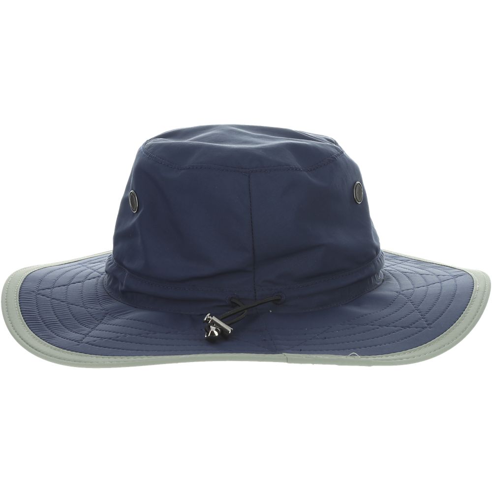 Navy blue boonie hat with grayish green colored trim with black drawstrings and breathable metal holes towards the crown