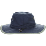 Navy blue boonie hat with grayish green colored trim with black drawstrings and breathable metal holes towards the crown