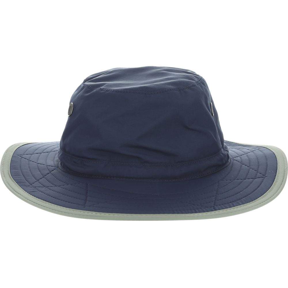 Navy blue boonie hat with grayish green colored trim with black drawstrings and breathable metal holes towards the crown