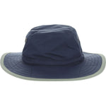 Navy blue boonie hat with grayish green colored trim with black drawstrings and breathable metal holes towards the crown