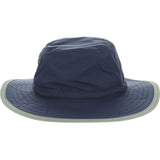 Navy blue boonie hat with grayish green colored trim with black drawstrings and breathable metal holes towards the crown