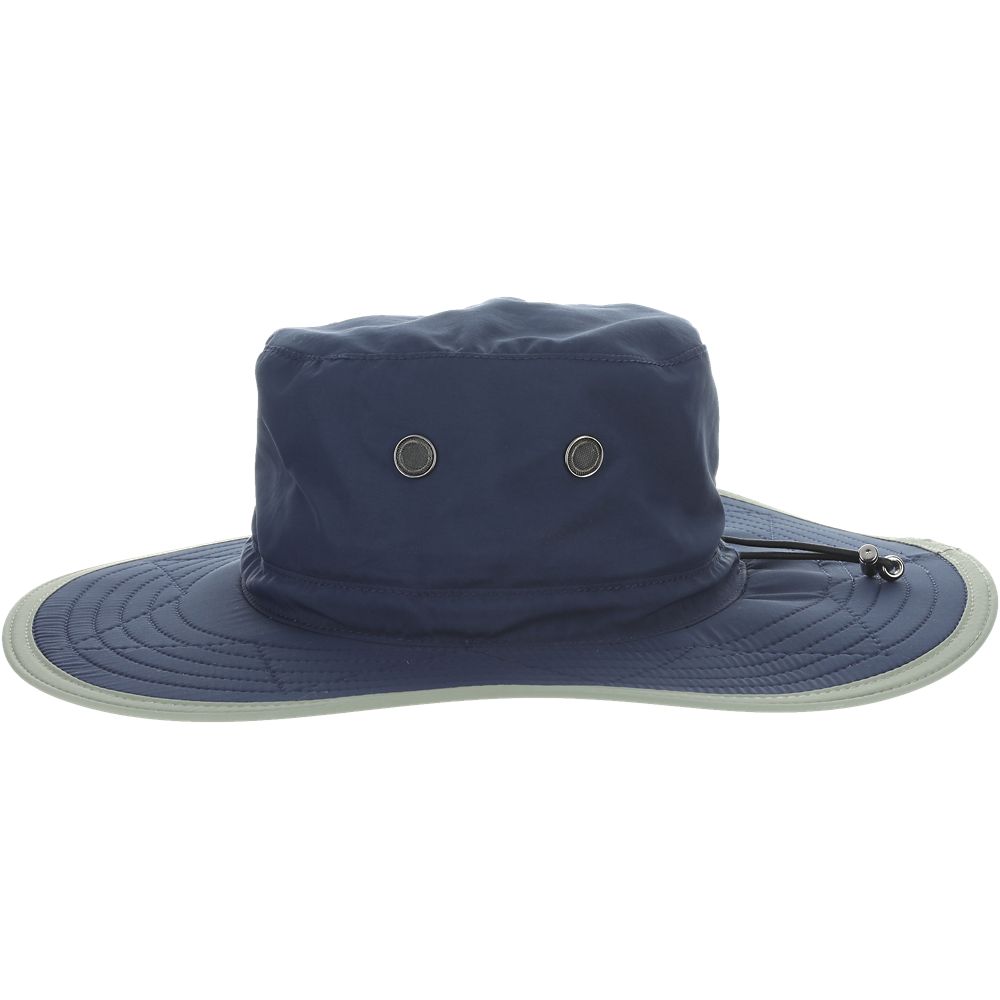 Navy blue boonie hat with grayish green colored trim with black drawstrings and breathable metal holes towards the crown