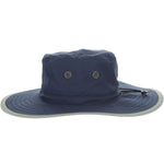 Navy blue boonie hat with grayish green colored trim with black drawstrings and breathable metal holes towards the crown