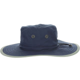 Navy blue boonie hat with grayish green colored trim with black drawstrings and breathable metal holes towards the crown