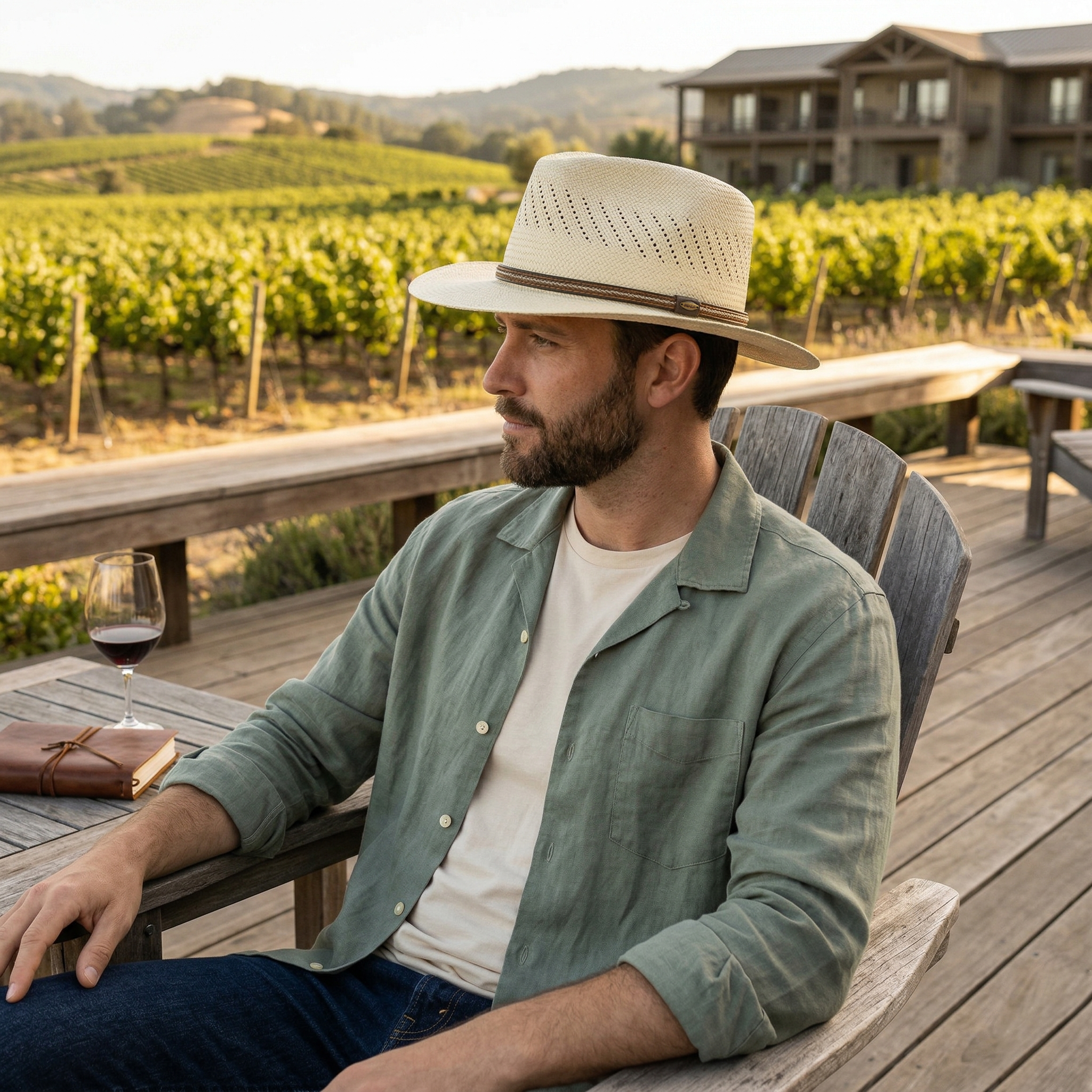 Man sitting at a vineyard with a scenic view of wine fields and a building.