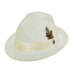 Ivory colored hat with thick ivory colored silk band and brown feather on the side with a Stacy Adams black and silver pin underneath