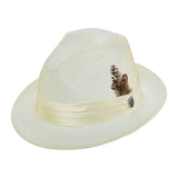 Ivory colored hat with thick ivory colored silk band and brown feather on the side with a Stacy Adams black and silver pin underneath