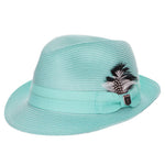 Aqua teal colored fedora hat with thick lighter teal band with white and black feather tucked in and a black and silver Stacy Adams pin below it