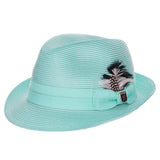 Aqua teal colored fedora hat with thick lighter teal band with white and black feather tucked in and a black and silver Stacy Adams pin below it