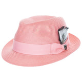Coral pink colored fedora hat with thick lighter pink band with white and black feather tucked in and a black and silver Stacy Adams pin below it