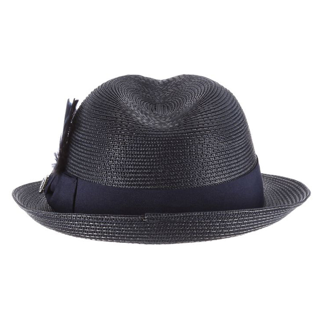 Navy blue colored fedora hat with thick darker navy blue band with blue, white, and black feather tucked in and a black and silver Stacy Adams pin below it
