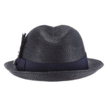 Navy blue colored fedora hat with thick darker navy blue band with blue, white, and black feather tucked in and a black and silver Stacy Adams pin below it