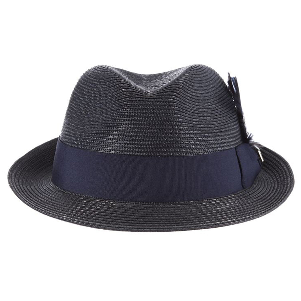 Navy blue colored fedora hat with thick darker navy blue band with blue, white, and black feather tucked in and a black and silver Stacy Adams pin below it