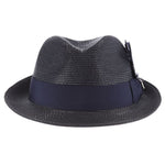Navy blue colored fedora hat with thick darker navy blue band with blue, white, and black feather tucked in and a black and silver Stacy Adams pin below it