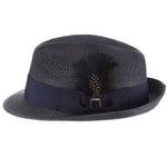 Navy blue colored fedora hat with thick darker navy blue band with blue, white, and black feather tucked in and a black and silver Stacy Adams pin below it