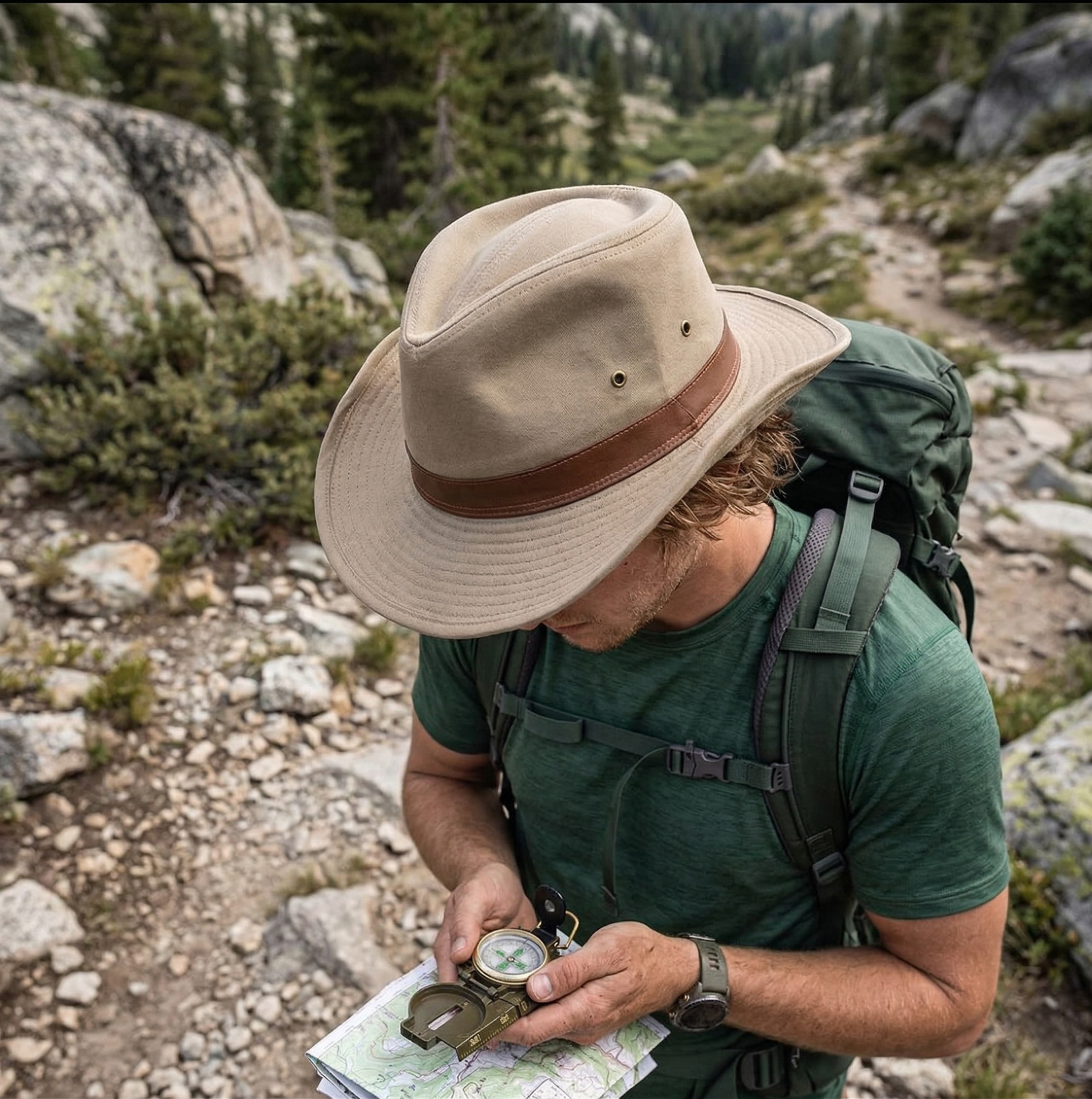 Man in a hat and green shirt with a backpack, using a compass and map in a forest setting.