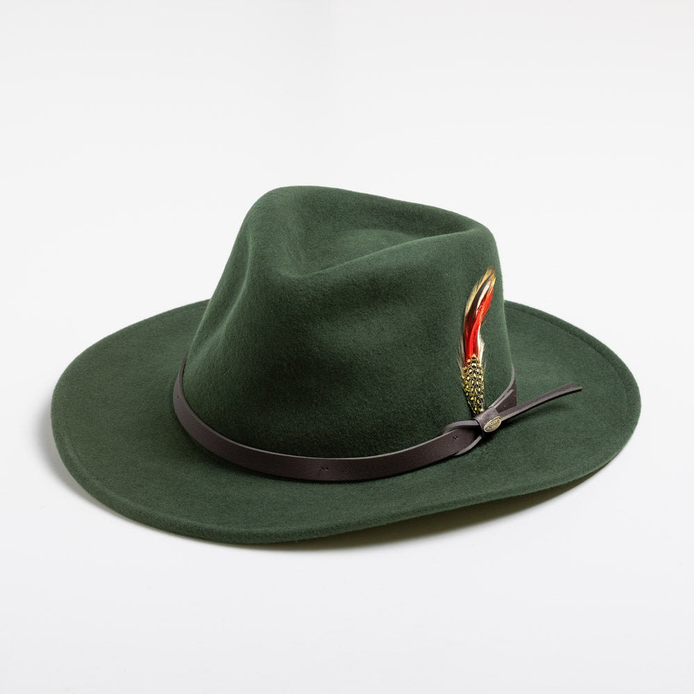 Pine colored fedora hat with a brown band and feather on a white background
