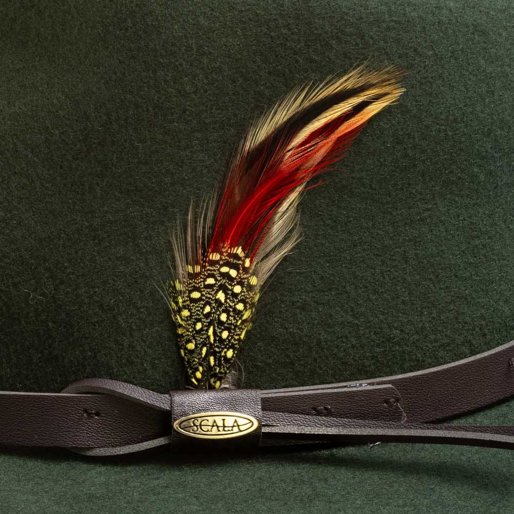 Pine colored felt hat with a feather and gold Scala logo on a brown band