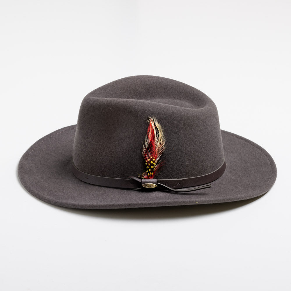 Gray fedora hat with a feather accessory on a white background