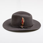 Gray fedora hat with a feather accessory on a white background