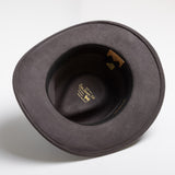 Gray fedora hat with a brand label on a white background