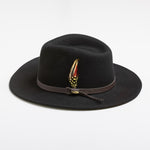 Black fedora hat with a feather on a white background