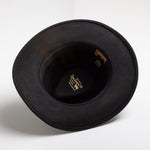 Black hat with a brand logo on a white background