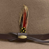 Brown leather band with a decorative feather against a putty colored hat