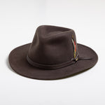 Chocolate colored fedora hat with a feather and brown band on a white background