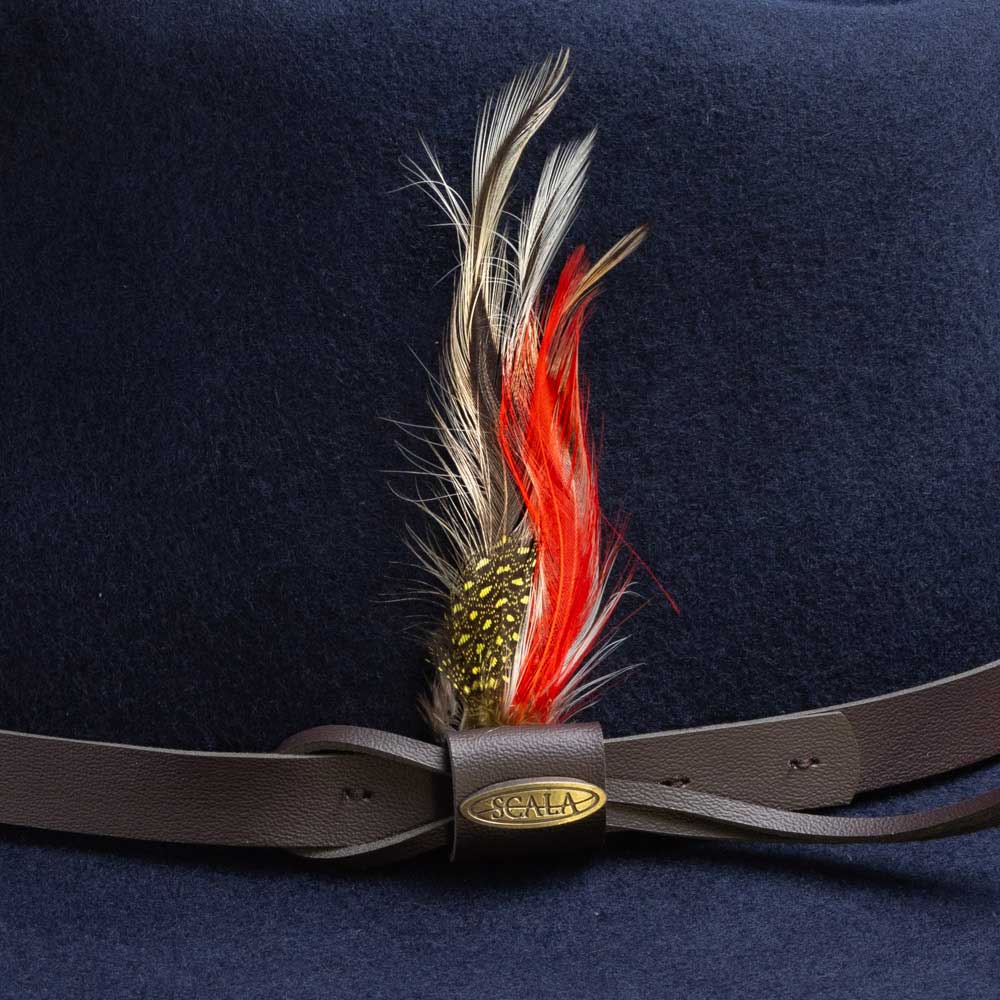 Navy blue feathered hat band with a gold Scala logo on a brown trim