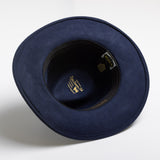 Navy blue fedora hat on a white background