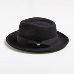 Black fedora hat with a ribbon on a white background