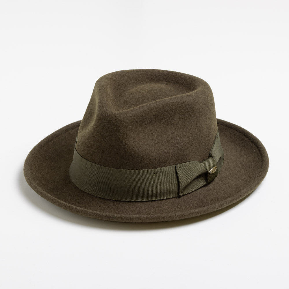 Olive colored fedora hat with a belt on a white background