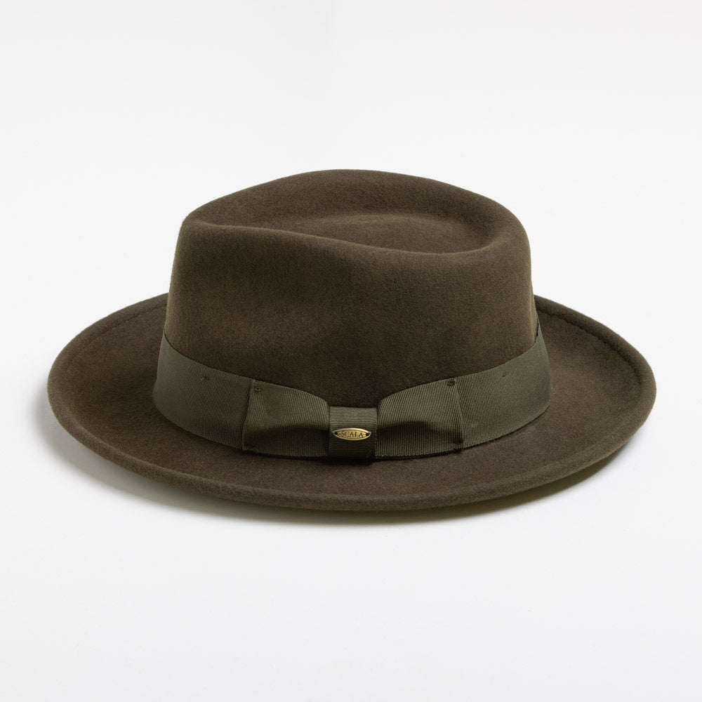 Olive colored fedora hat with a green band on a white background