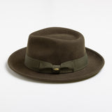Olive colored fedora hat with a green band on a white background