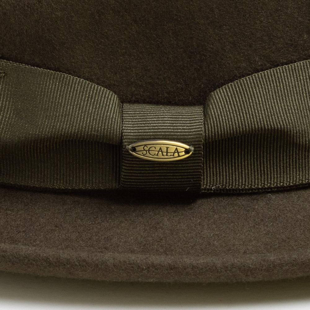 Olive colored hat with green ribbon and Scala logo on a white background