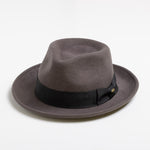 Gray fedora hat with a black band on a white background