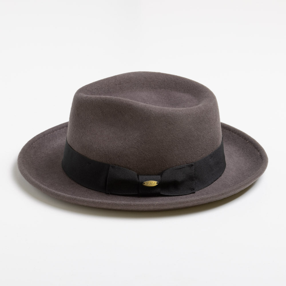 Gray fedora hat with a black band on a white background