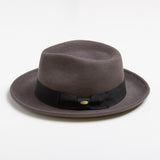 Gray fedora hat with a black band on a white background
