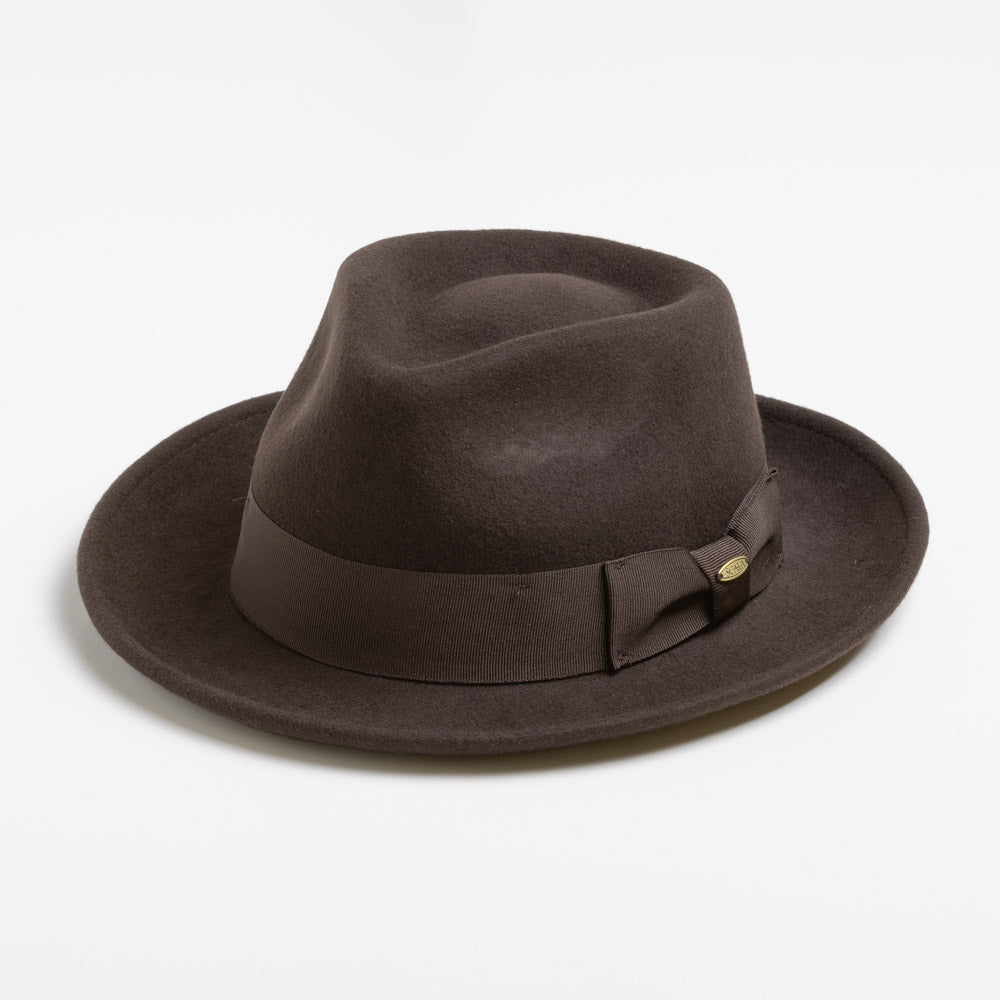 Chocolate brown fedora hat with a ribbon on a white background