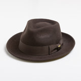 Chocolate brown fedora hat with a ribbon on a white background
