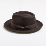 Chocolate brown fedora hat with a ribbon on a white background