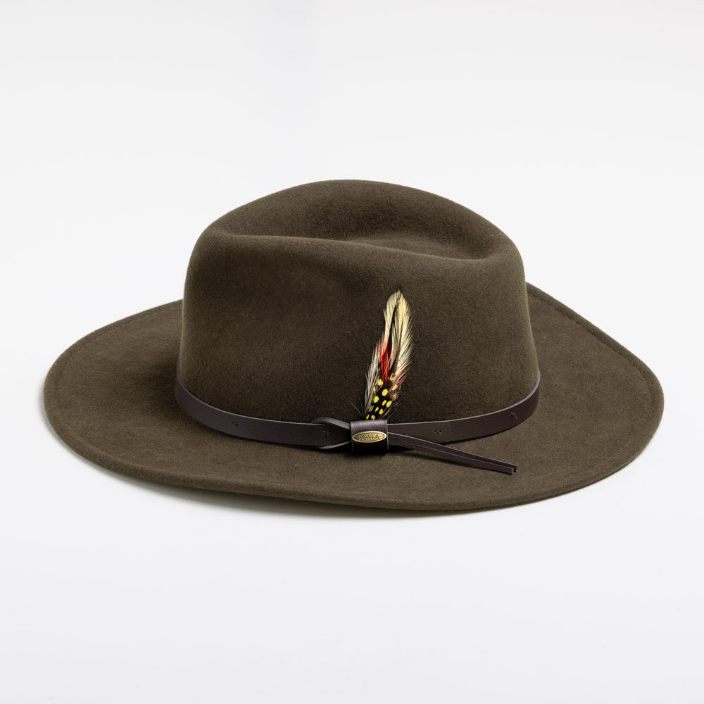 Olive colored fedora hat with a feather and brown band on a white background