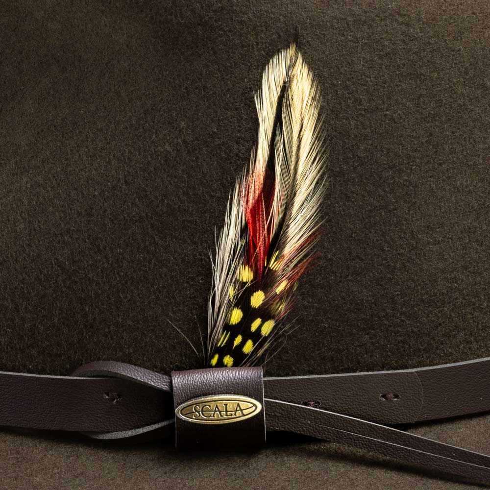 Olive colored hat with a feather and gold Scala logo on brown band